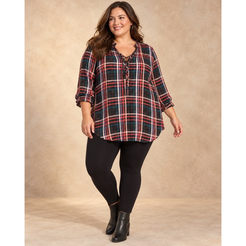 Torrid Women Tops Plaid Lace Up V-Neck Tunic Blouse Black Red Blue Plus 6 6X
